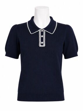 Size M TAES Women’s Navy Scallop Trim Knit Polo Top